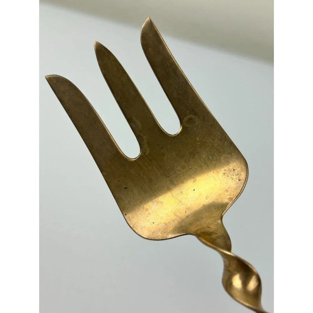 MCM Siam Gold Tone Serving Fork & Spoon Wood Handle Twist Buddha Unique Vintage